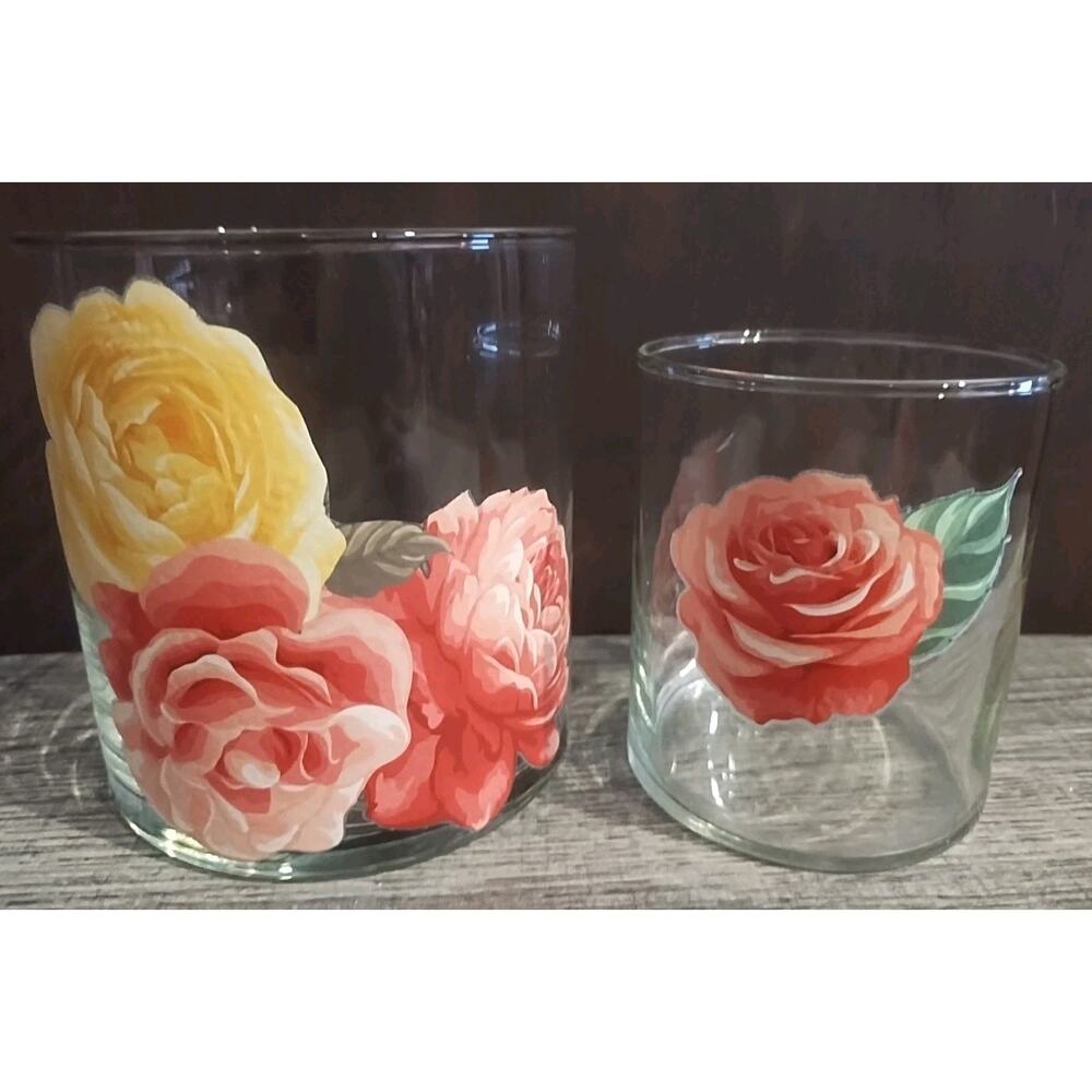 Glass Candle Holder Votive Tea Light Floral Set of 2 Pink Red Yellow Cottagecore